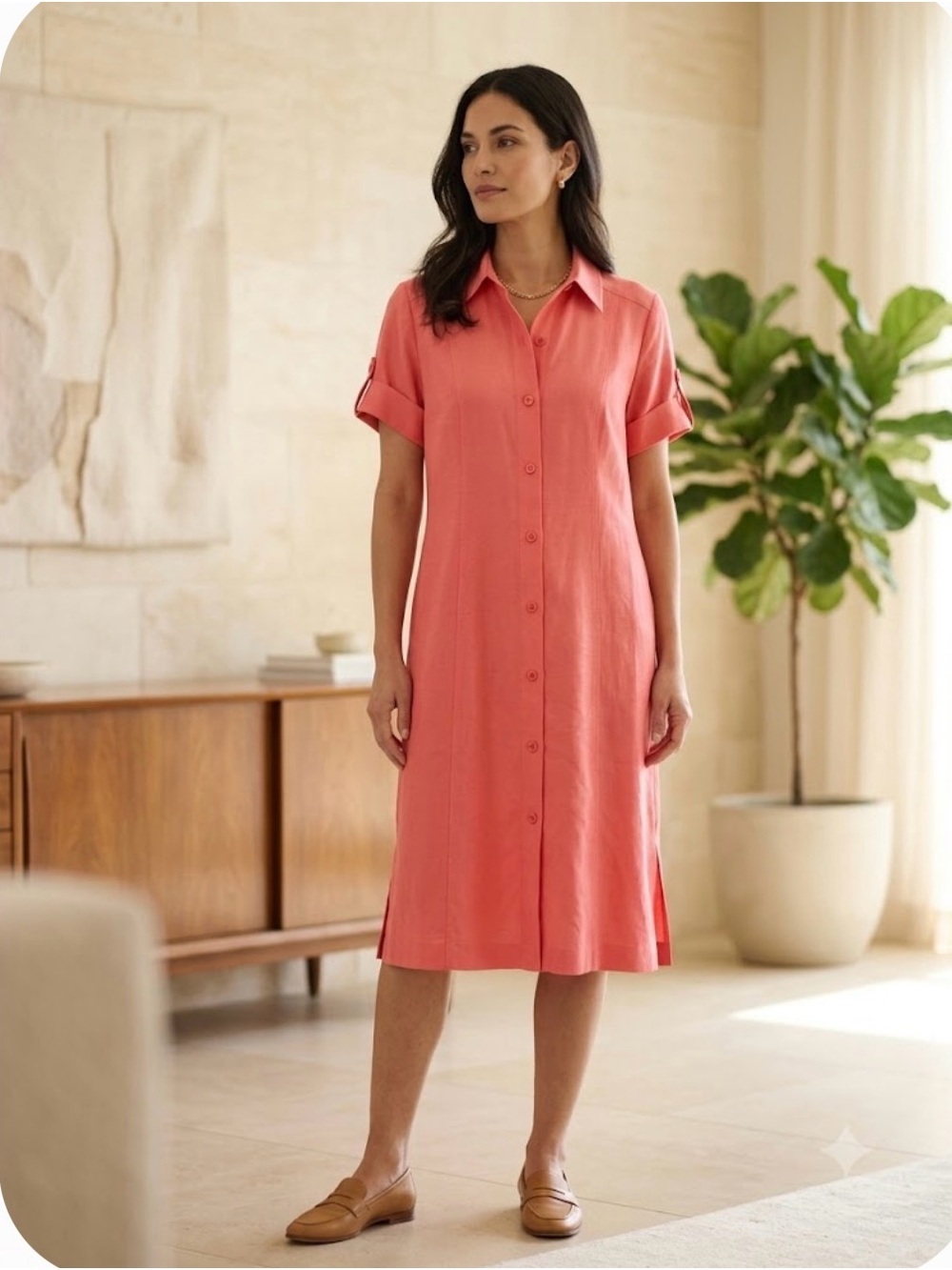 Kara Casual 100% Silk Coral Pink Shirt Dress Button Front Short Sleeve Med